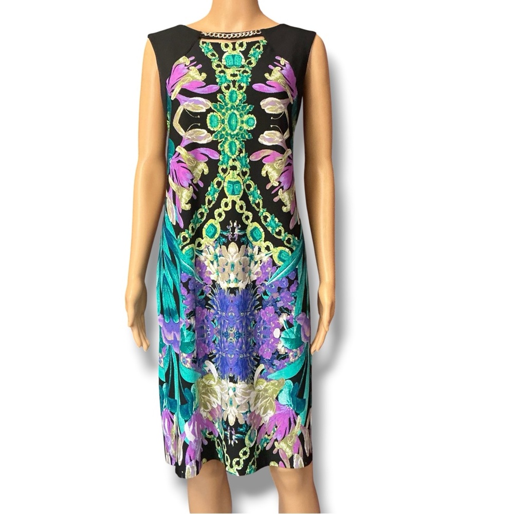 dressbarn Black Floral Chain-Print Midi Dress with Teal and Purple